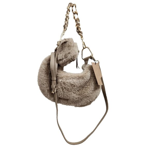 Steve Madden Faux Fur Shoulder Bag Crossbody Beige Plush Purse Gold Chain Strap - Picture 2 of 7